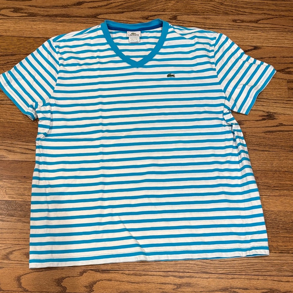Lacoste Men’s Blue & White Striped V-Neck TShirt 7/XXL